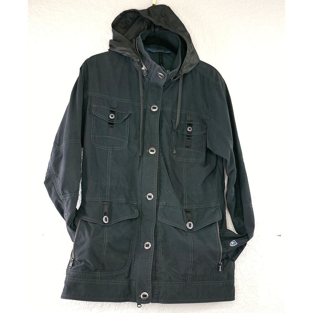 Kuhl Rekon Jacket Women’s Size S Gray Stowaway Hood Two-Way Zip Pockets Cotton